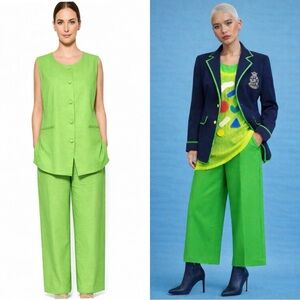 NWT Neon green vest pants suit. Wide leg pants, fabric covered buttons top 14-16